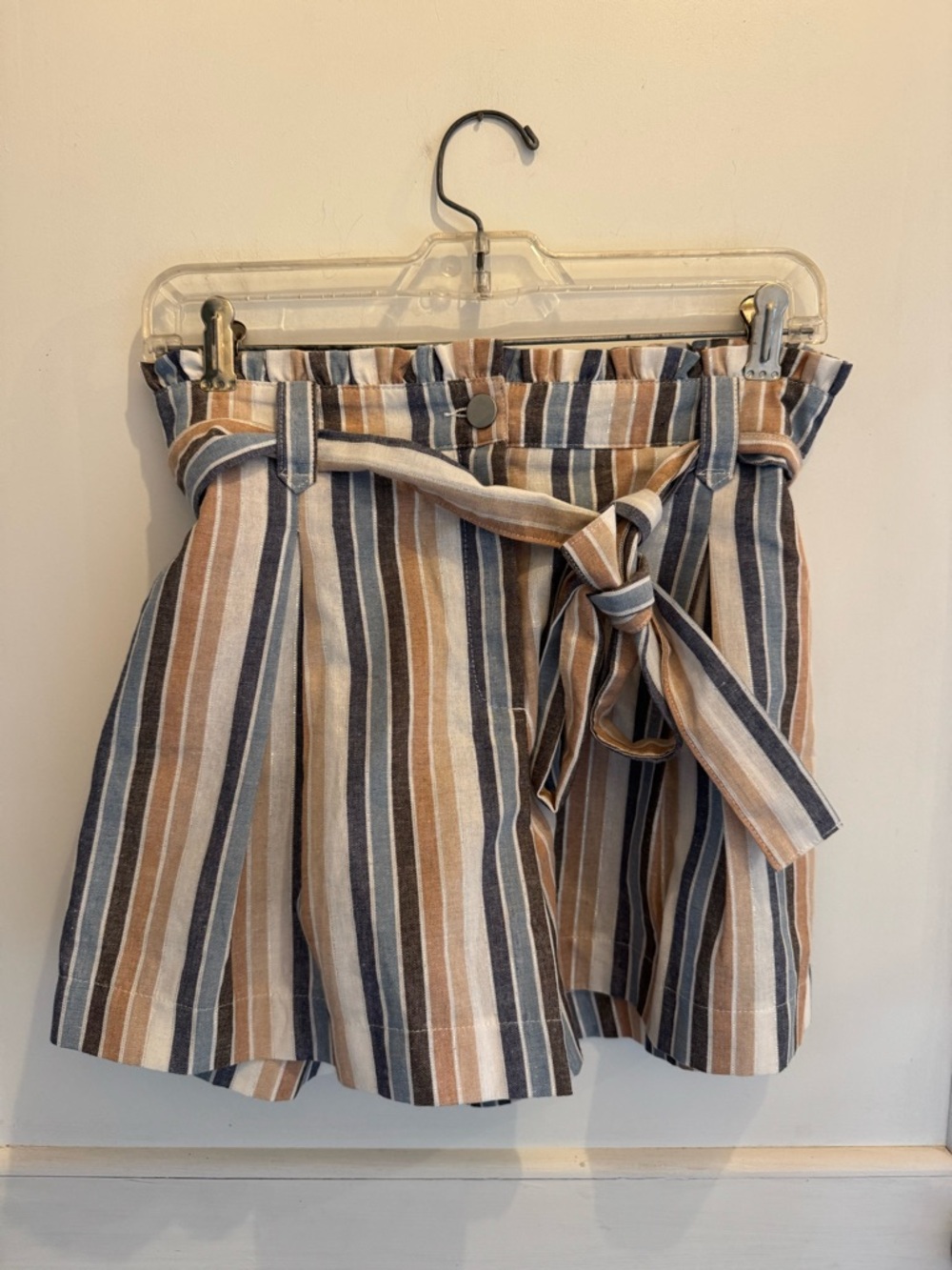 Hem & Thread Striped Paperbag Waist Shorts in Navy, Tan & Cream